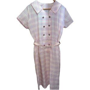 Vintage 60s 70s Pink Plaid Double Breasted Belted Day Dress Mod S